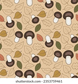 Autumn pattern with mushrooms and leaf fall, line art.