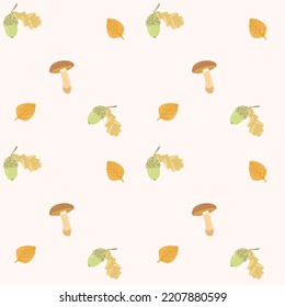 autumn pattern. Mushrooms, leaves, acorns on a pattern for textiles, napkins, fabrics, prints, wrapping paper, wallpapers.

