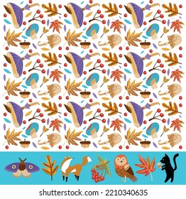 Autumn pattern with mushrooms, leaves, acorns, rowan. Set with Fox, black cat, owl, rowan. Vector illustration. Background for fabric, wallpaper, design. Children's illustration.