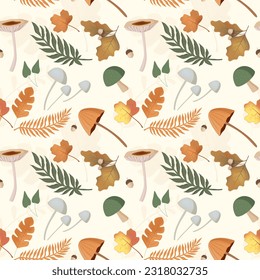 Autumn pattern with mushrooms, leaves. Fall background, vector seamless pattern.