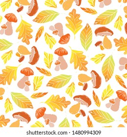 Autumn pattern of mushrooms and leaves on a white background.