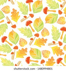 Autumn pattern of mushrooms and leaves on a white background.