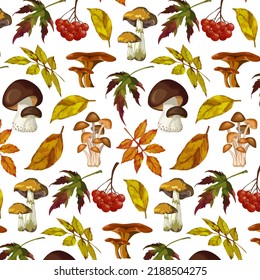 Autumn pattern with mushrooms.Mushrooms, berries and autumn leaves in a seamless vector pattern on a transparent background.