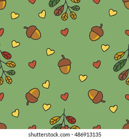 autumn pattern with nuts, leaves, hearts on a green background.