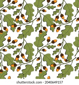 Autumn pattern of oak acorns, branch with leaves and acorn nuts, hand drawing doodling, orange and gray color, on a white background.