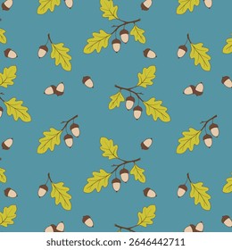Padrão de outono com bolotas de carvalho, bolotas sobre fundo pastel azul. Ornamento sazonal. A textura sem fim pode ser usada para web design, impressão em tecido e papel ou scrapbooking.