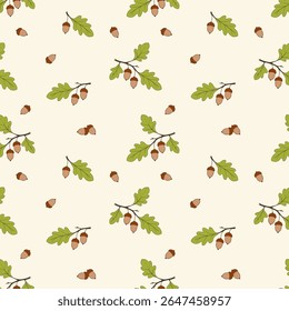 Padrão de outono com bolotas de carvalho, bolotas sobre fundo de creme. Ornamento sazonal. A textura sem fim pode ser usada para web design, impressão em tecido e papel ou scrapbooking.