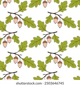 Autumn pattern with oak branch with green leaves and brown-pink acorns, on white background.
