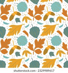 Autumn pattern with oak leaves and acorns on a wight background. Orange, red, beige, blue colors.  For textiles, wrapping paper, wallpaper