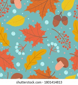 Autumn pattern with oak leaves, maple, berries, acorn and mushrooms. Cozy season background. Vector illustration for textile, wrapping, wallpaper.