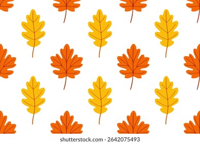 Autumn pattern with oak and maple leaves in yellow and orange. Ideal for seasonal packaging, textile, and nature backgrounds