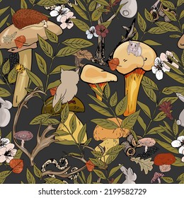 Autumn pattern on a coloured background. Seamless illustration of autumn leaves, mushrooms, owl, hedgehog