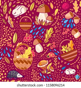 Autumn pattern on dark background. Basket with leaves, branches and berries. Autumn bouquet with forest mushrooms, leaves, berries. Hedgehog and bunny are forest inhabitants.