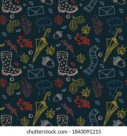 Autumn pattern on dark background. Rubber boots, cloud, leaves, rain, rosehip, envelope, acorn, mushrooms, scarf. Great for wallpaper, gift paper, fabric, wrapping paper, surface designs