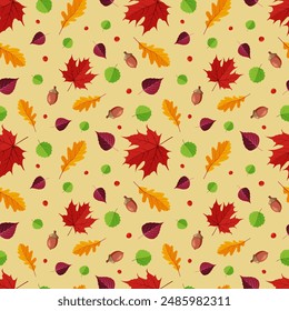 autumn pattern on a yellow background, autumn leaves, vector illustration