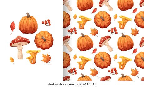 Autumn pattern with orange pumpkin, mushrooms, berries and leaves on white background. Vector seamless ornament, hello autumn