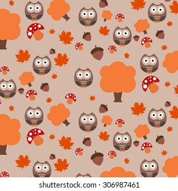 Autumn pattern, owl, tree, acorn, mushroom, illustrator