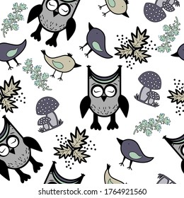 An autumn pattern with owls, mushrooms, birds and leaves, for printing, wrapping paper, interior design for children, vector illustration