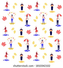 Autumn pattern. People walk in autumn, play with leaves, jump in puddles. Human characters on white background. Color vector illustration