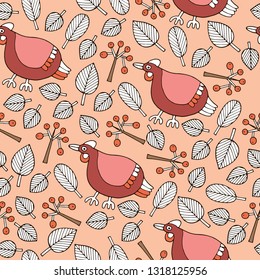 Autumn pattern of pheasants, 
leaves, twigs and berries