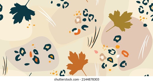 Autumn pattern with plant leaves and leopard skin spots. Trendy print for design in pastel natural colors. Modern style for textile, banner, website