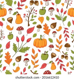 Autumn pattern with pumpkin, apples, pears, chestnuts and rowan. 