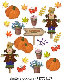Autumn pattern pumpkin flowers and seasonal viburnum Vectors