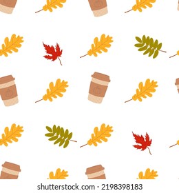 autumn pattern with pumpkin latte and autumn leaves. Autumn pattern for autumn design.