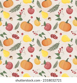 Autumn pattern with pumpkin, leaves, apple, pear, berries. Autumn background, vector seamless pattern.