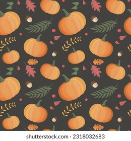 Autumn pattern with pumpkin, leaves. Autumn background, vector seamless pattern.