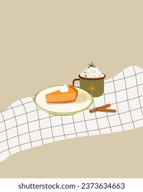 Patrón otoñal con tarta de calabaza, café con crema y canela sobre una toalla blanca. Ilustración vectorial.