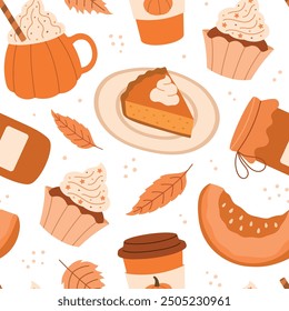 Autumn pattern with pumpkin pie, food, leaves, coffee