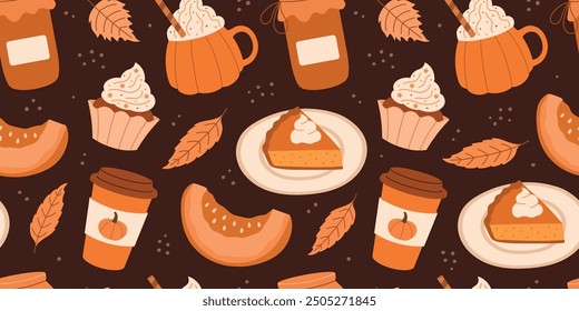 Autumn pattern with pumpkin pie, food, leaves, coffee