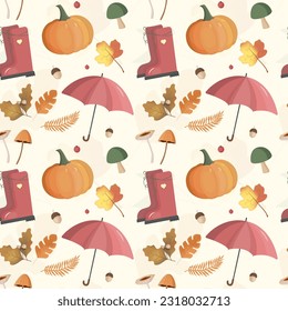 Autumn pattern with pumpkin, umbrella, boots, leaves. Fall background, vector seamless pattern.