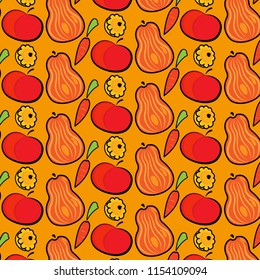 Autumn pattern with pumpkins, apples and carrots. Hand drawn vector illustration