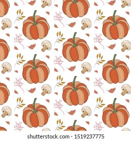 Autumn pattern with pumpkins, champignon mushrooms, leaves, berries. Vector forest ornament
