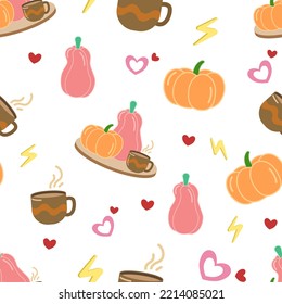 autumn pattern with pumpkins and coffee