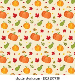 Autumn pattern with pumpkins with colorful leaves.