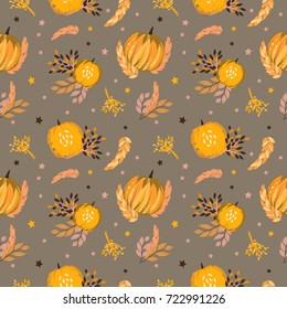 Autumn pattern with pumpkins, foliage, wheat, rye. Seamless background. Halloween, thanksgiving style.