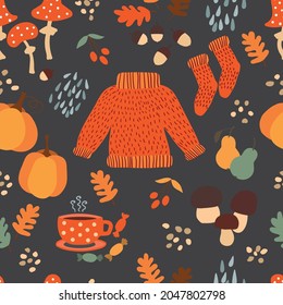 autumn pattern with pumpkins and leaves, a cozy atmosphere of autumn