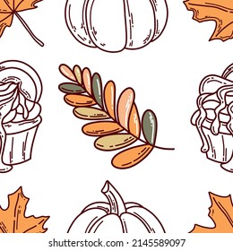 Autumn pattern with pumpkins, leaves and pastries
