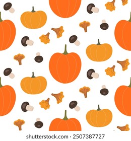 Autumn pattern with pumpkins and mushrooms, seamless background for thanksgiving day.