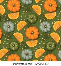 Autumn pattern of pumpkins on green background. Texture for thanksgiving, harvest and halloween.