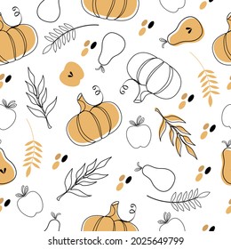 Autumn pattern with pumpkins, pears, apples and autumn leaves in a linear style