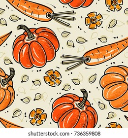 Autumn pattern with pumpkins, pumpkin seeds and carrots. Hand drawn vector illustration