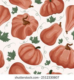 autumn pattern with pumpkins of round long and convex shape of red color and pumpkin leaves on a light background, vector