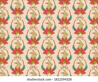 Herbstmuster mit Kaninchen und Blattkranz
