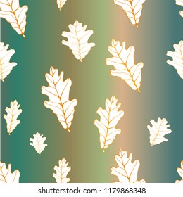 The autumn pattern is randomly placed. Seamless vector texture from the leaves of the oak. For printing on paper and fabric. Print in hand-styled green gradient  background