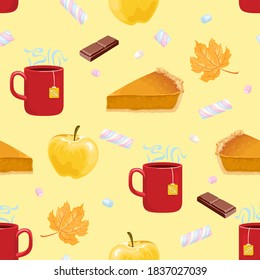 Autumn pattern with red cup of tea, pumpkin pie, marshmallows, chocolates, apples and maple leaves. Vector illustration in cartoon flat style.