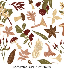 
Autumn pattern in retro colors. Mushrooms and berries with leaves for printing on fabric, brochures, wrapping paper. Vector flat illustration of achromatic colors.